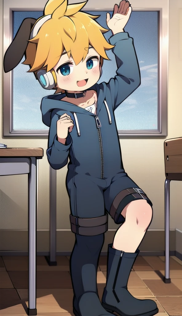 2D Boy Shota,One-piece mountaineering suit,Slim, healthy body,Put the headphones on your head,stand up,goggles,Rabbit ears,happy,Sailor collar,tie,Zipper pulled down,boots,hood,classroom,Raise your hands