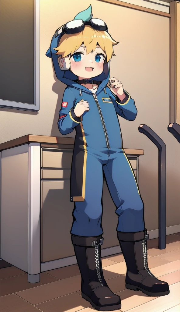 2D Boy Shota,One-piece mountaineering suit,Slim, healthy body,Put the headphones on your head,stand up,goggles,Rabbit ears,happy,Sailor collar,tie,Zipper pulled down,boots,hood,classroom,Raise your hands