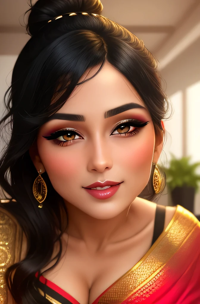 Amazing portraits of a sexy woman who is a  MILF and a neighbour with her black hair in a bun and seductive eyes while blushing with a seductive smile and amazing makeup wearing a saree with a lustful look and a sultry pose