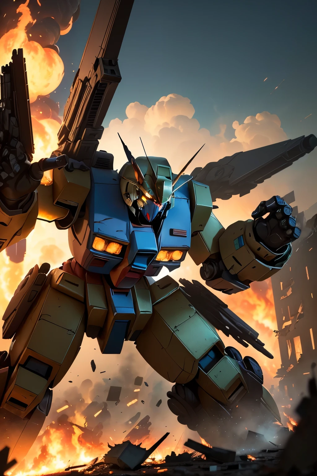 ((best quality)), ((masterpiece)), ((detailed shapes)), a very futuristic armoured robots(gundam), battle positions at chaos city(many explosion and fire broken buildings), looking to the camera, there is neon lights(realistics colored 3d), (4k quality),((high contrast))