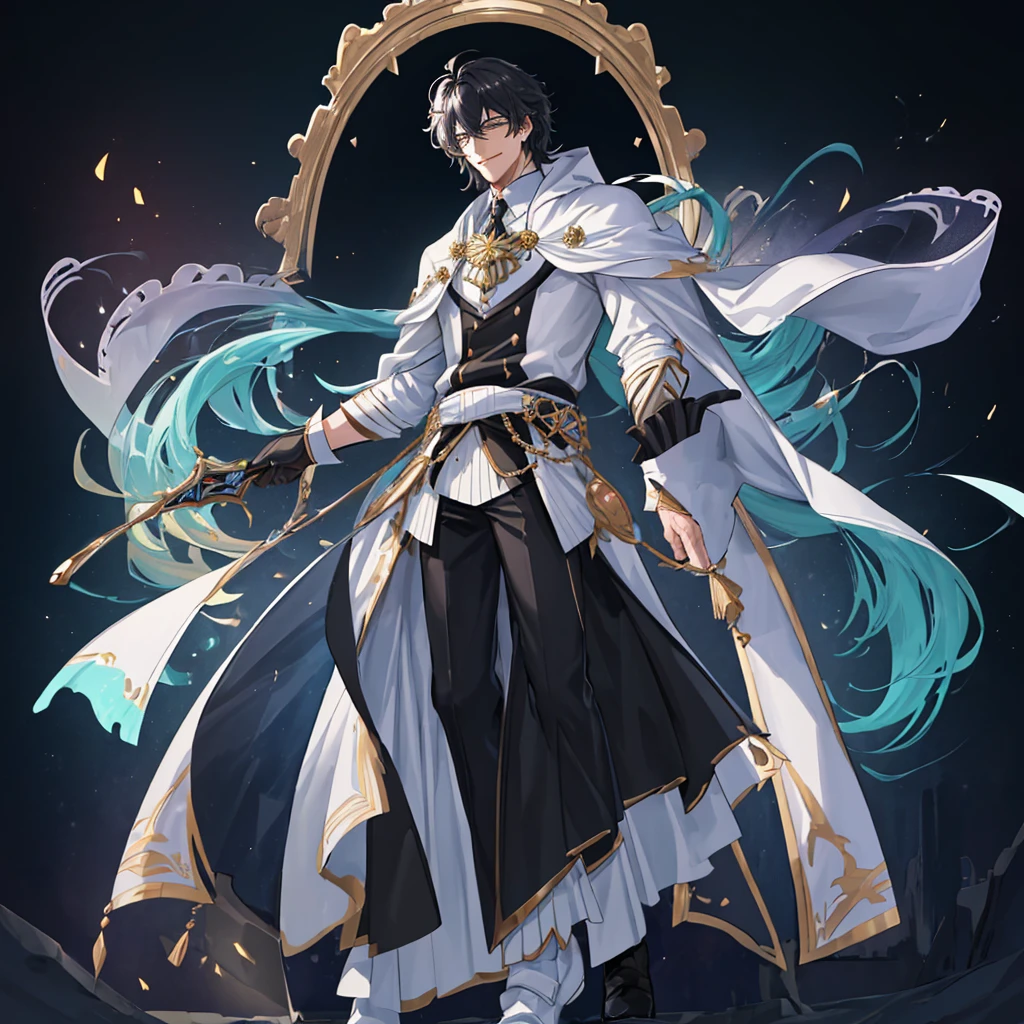 (best quality),(masterpiece:1.1),(extremely detailed CG unity 8k wallpaper:1.1),(colorful:0.9),1 male, adult, handsome, tall muscular guy, broad shoulders, extremely detailed CG unity 8k wallpaper, medium black hair,white background, nobleman, aristocratic, elegant, neat, graceful, scenery, evil smile,full body,full body,whole body,