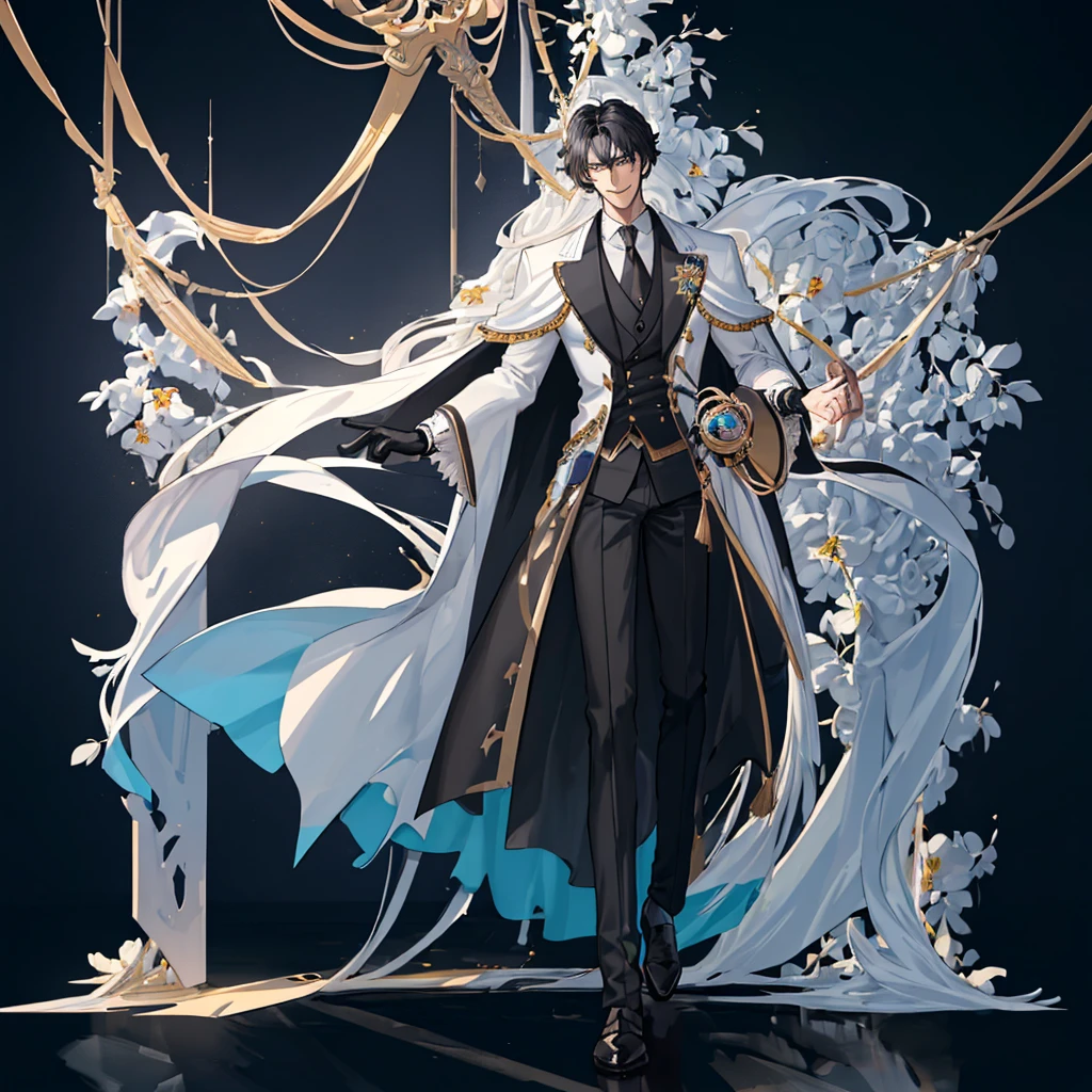 (best quality),(masterpiece:1.1),(extremely detailed CG unity 8k wallpaper:1.1),(colorful:0.9),1 male, adult, handsome, tall muscular guy, broad shoulders, extremely detailed CG unity 8k wallpaper, medium black hair,white background, nobleman, aristocratic, elegant, neat, graceful, scenery, evil smile,full body,full body,whole body,