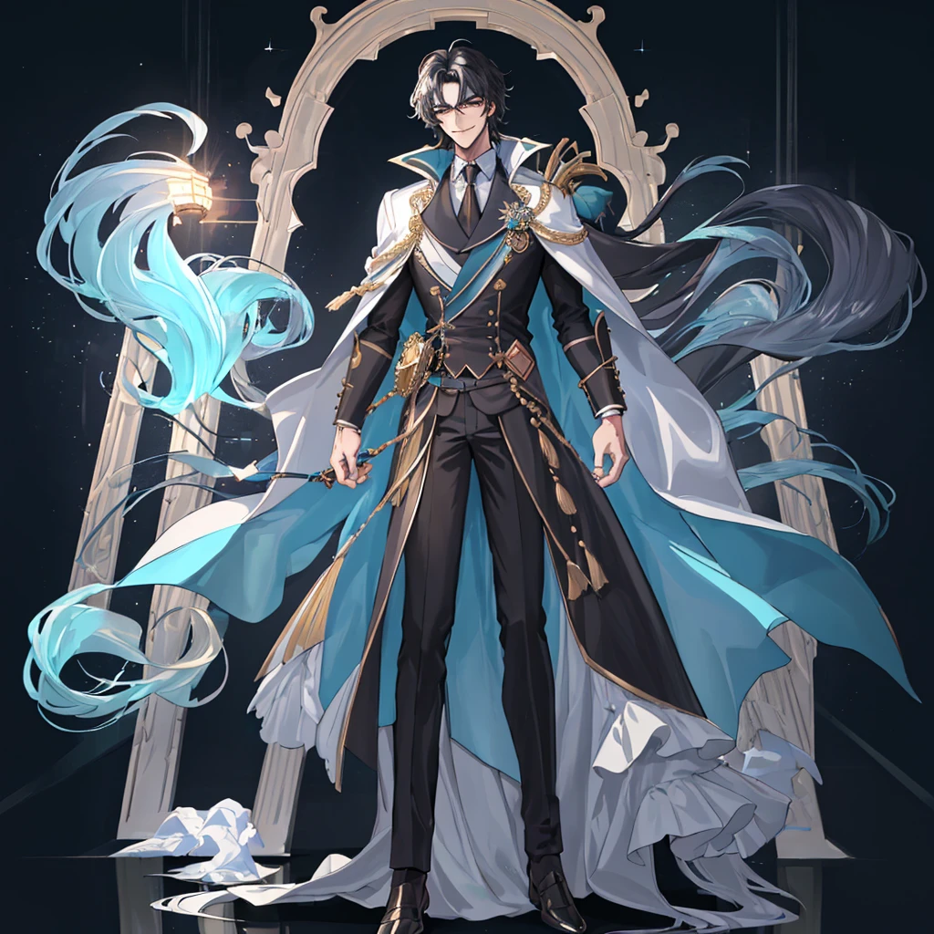 (best quality),(masterpiece:1.1),(extremely detailed CG unity 8k wallpaper:1.1),(colorful:0.9),1 male, adult, handsome, tall muscular guy, broad shoulders, extremely detailed CG unity 8k wallpaper, medium black hair,white background, nobleman, aristocratic, elegant, neat, graceful, scenery, evil smile,full body,full body,whole body,