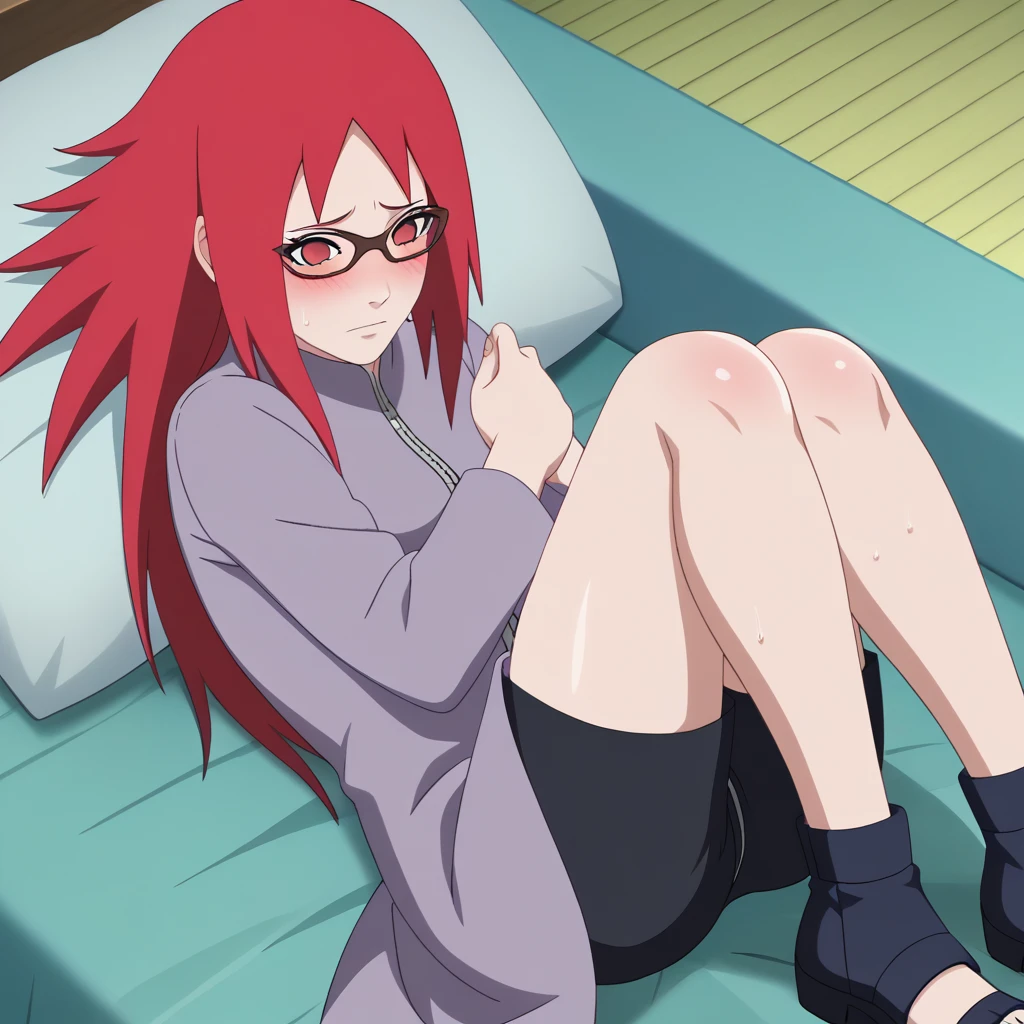 Red hair, 1 Girl, Glasses, Long hair, Red Eyes, Solitary, Long gown, Black over-the-knee stockings, Black shorts, Umbilical cord, Looking at the audience,Medium breasts,  No students, Keep your legs together, zipper,Closed-toe shoes, Japanese cartoons screencap, Japanese cartoons coloring,src_Japanese cartoons,Naruto \(series\), Naruto shippuuden,（（blush，nervous，Vision，））masterpiece， absurd ， （Intricate details）， （Colorful）， light， Extremely detailed CG unity 8k wallpaper ，1 Girl， solo，（shy，In the hotel，Lying on the bed，night，blush，nervous，Sweating，Lace dress， ），sweat，blush，blush1.5，Blush，Medium chest