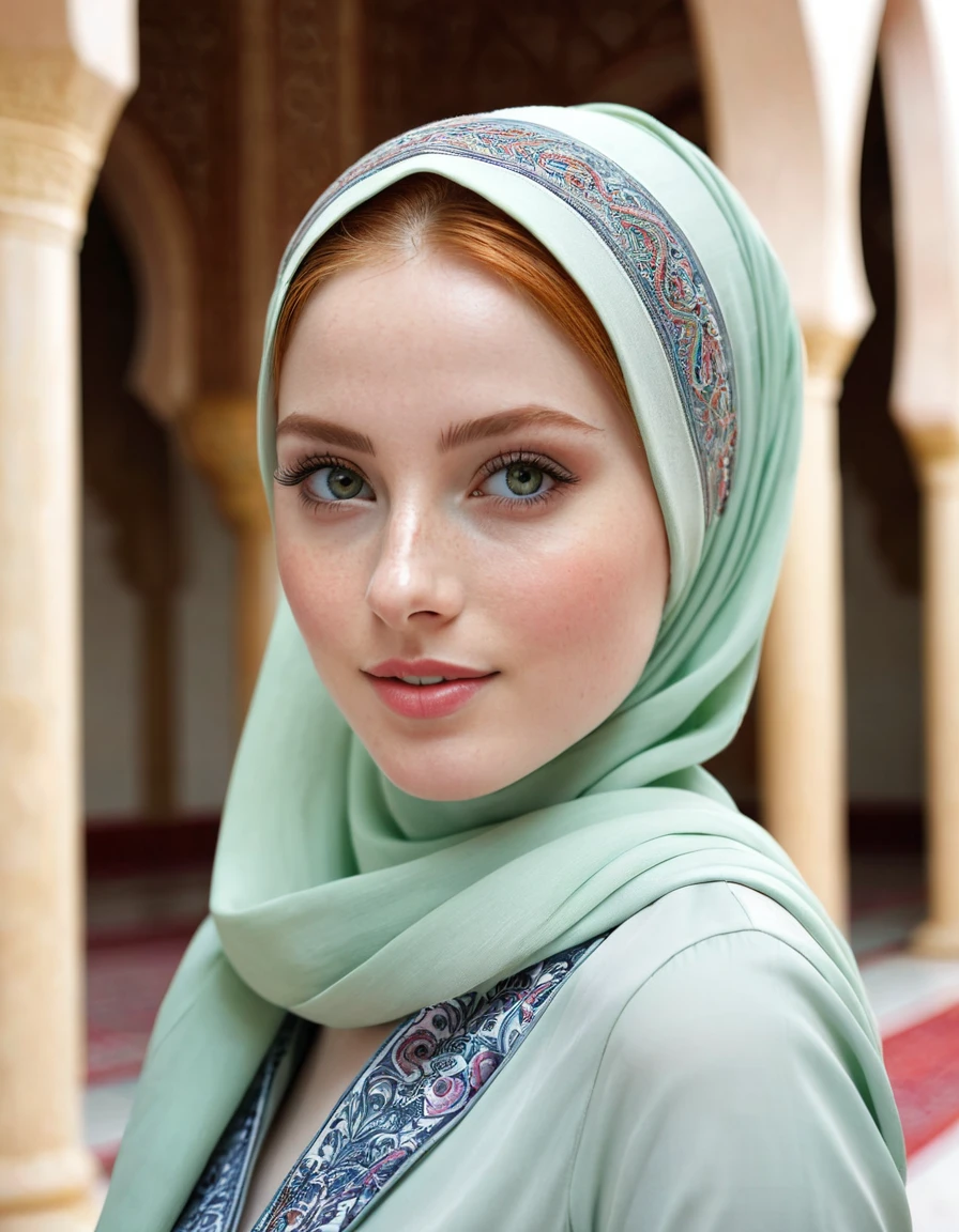 photography full body portrait of very beautiful realistic girl, inside Mosque, porcelain skin, very fair skin, very pale skin, redhead, wavy, ponytail, very detail skin texture, hazel eyes, slanted eyes, small nose, small nostril, think curved eyebrow, thick bottom lip, seductive gaze, happy face, unique face, wear a headscarf hijab, detail photo, realistic photo, master piece picture, sharp picture, outdoor clear daylight, bird's eye view