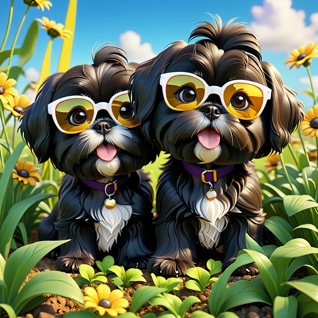 2 Adorable small black Shih Tzu puppies wearing bright sunglasses digging up weeds Disney background 3d cartoon 3d render disney pixar style