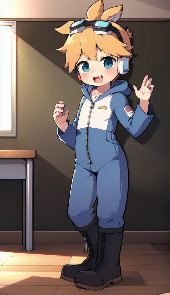 2D Boy Shota，One-piece mountaineering suit，Slim, healthy body，Put the headphones on your head，stand up，goggles，Rabbit ears，happy，Sailor collar，tie，Zipper pulled down，boots，hood，classroom，Raise your hands