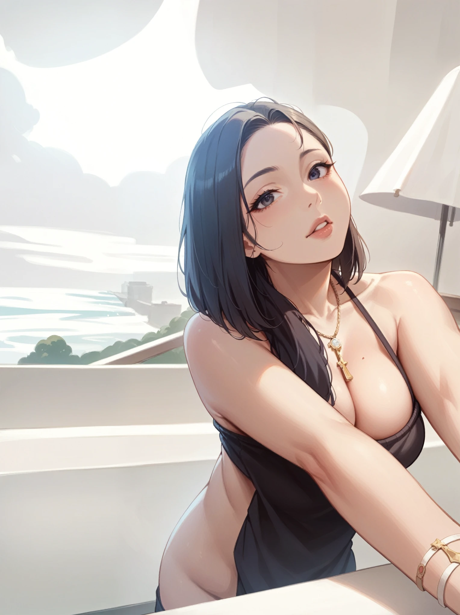 (best quality, 8K, 32k, Masterpiece, uhd:1.2), Photo of beautiful Japanese woman, big breasts, very short bob hair, upper body, face focus, oversized sweater, necklace, simple background, from above, looking towards the audience,