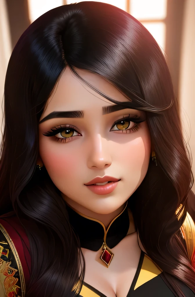 Amazing portrait of a beautiful woman with detailed facial features and long black hair wearing a sheer maroon kurta with black embroidery showcasing her curvy figure and her medium chest with cleavage as she stands in front of a window with natural light beaming through it making her look like a goddess