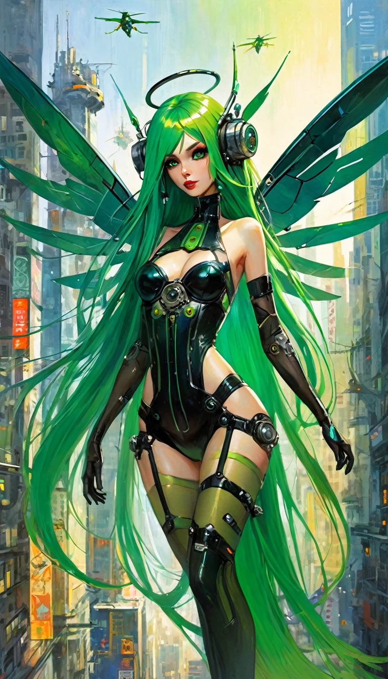 very sexy girl, long green hair, punk look, with mechanical wings, flies over a futuristic city:1.5 (art inspired by Bill Sienkiewicz). oil painting)
