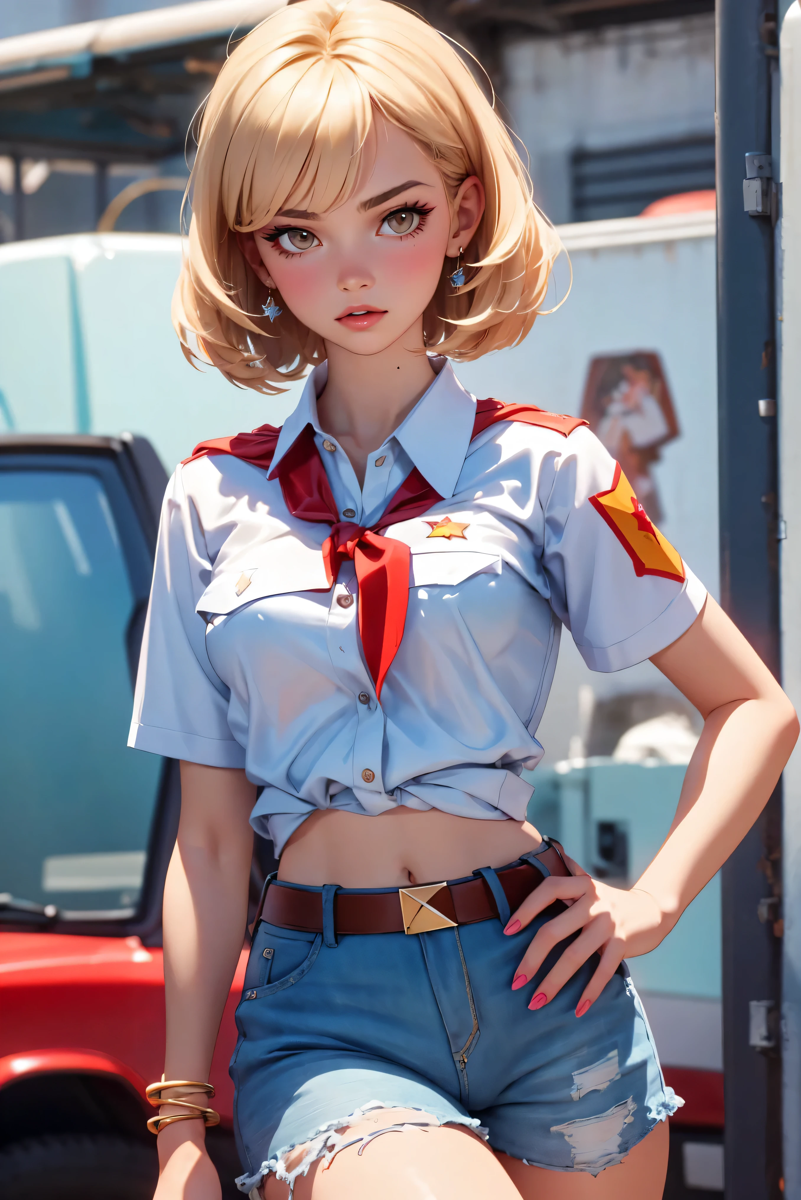 Teenage soviet pioneer girl-model 18 years old, beautiful, too much tanned, blonde, bob hair, bangs, brown eyes, beautiful figure, girl wearing crop white shirt and too much short mini shorts, long legs, slave bracelets, manicure, cute makeup, flirtatiously posing, hot summer, hot flirty, sexy posing, summer outfit, top quality, higest quality, pin-up style, retro 80s style, soviet pioneer style