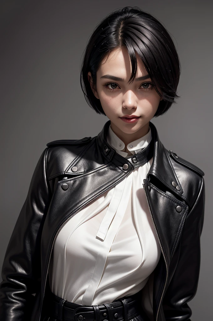 photo of a beautiful woman, (black leather coat white silk shirt:1.2), short hair, black hair, detailed face, detailed eyes, upper body focus, mouth closed, smile, looking at viewer, (simple background:1.2),  