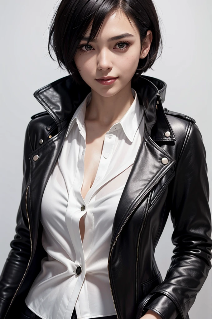 photo of a beautiful woman, (black leather coat white silk shirt:1.2), short hair, black hair, detailed face, detailed eyes, upper body focus, mouth closed, smile, looking at viewer, (simple background:1.2),  