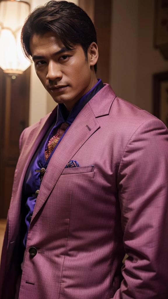 a man, duke, magenta Chinese clothes, close-up, half-body, 