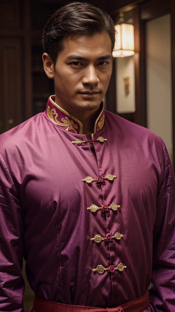 a man, duke, magenta Chinese clothes, close-up, half-body,