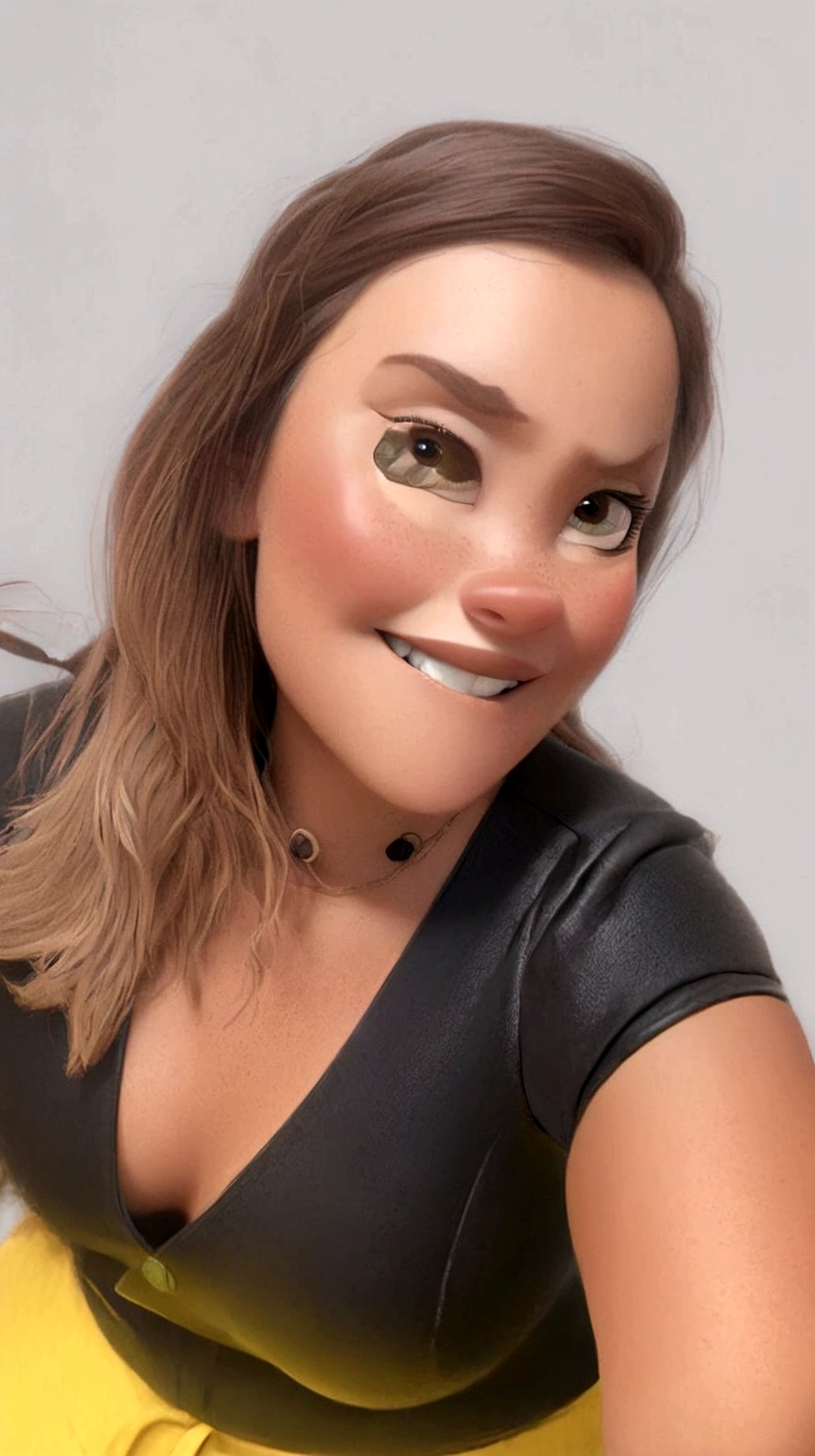 Create a Disney 3d Pixar-style character, Woman, white, long light brown hair, Full mouth, blouse with short sleeves black, lemon yellow pants, sitting, Grinning, doing selfie, RIGHT side of the face very close to the camera