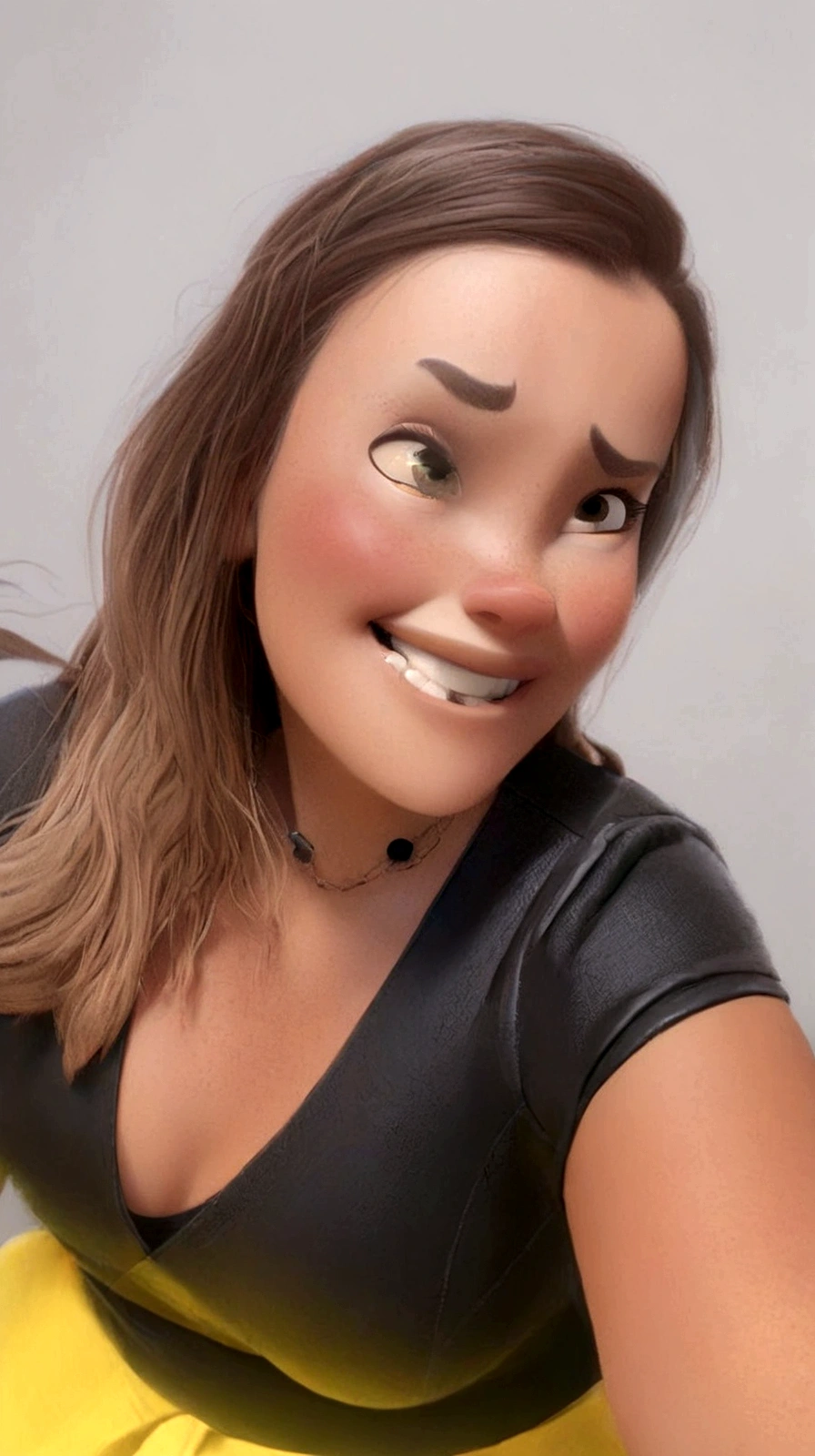 Create a Disney 3d Pixar-style character, Woman, white, long light brown hair, Full mouth, blouse with short sleeves black, lemon yellow pants, sitting, Grinning, doing selfie, RIGHT side of the face very close to the camera