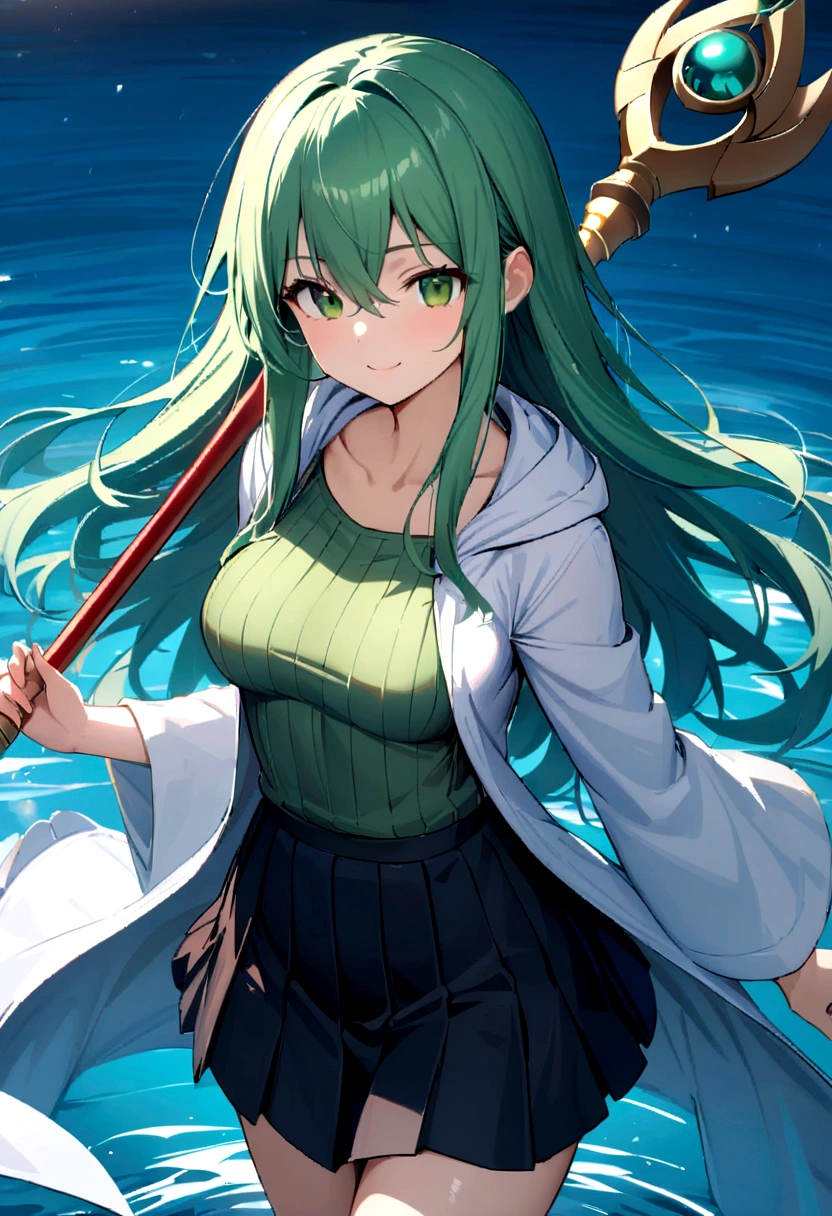 masterpiece, best quality, ultra high quality cg, eria ygo, 1girl, solo, long hair, looking at viewer, skirt, shirt, long sleeves, hair between eyes, medium breasts, closed mouth, collarbone, cowboy shot, pleated skirt, open clothes, hood, wide sleeves, black skirt, blue background, hood down, staff, robe, green shirt, smile, happy, playing on water, lake, duel monster, ribbed shirt, open robe, hooded robe