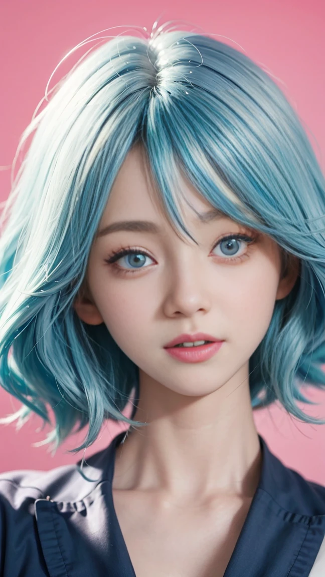 a close up of a person with blue hair and a white shirt, real life anime girls, Cute and natural anime face, Urzan, blue skin, beautiful blue-haired girl, Pretty girl with blue hair, blue eyes，Wear pink glasses（focus），bright smile，Realistic young anime girl, Anime Girls Cosplay, beautiful anime face, anime style, anime inspiration, cute anime face, beautiful anime face, beautiful anime style，Brilliant seven color background
