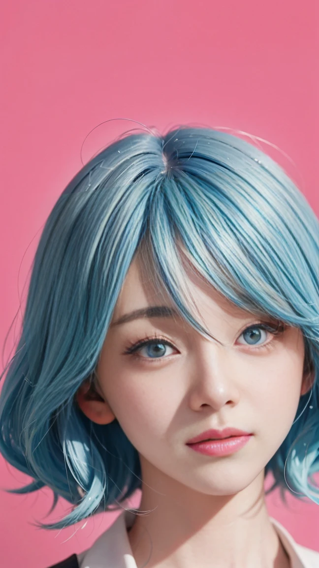 a close up of a person with blue hair and a white shirt, real life anime girls, Cute and natural anime face, Urzan, blue skin, beautiful blue-haired girl, Pretty girl with blue hair, blue eyes，Wear pink glasses（focus），bright smile，Realistic young anime girl, Anime Girls Cosplay, beautiful anime face, anime style, anime inspiration, cute anime face, beautiful anime face, beautiful anime style，Brilliant seven color background
