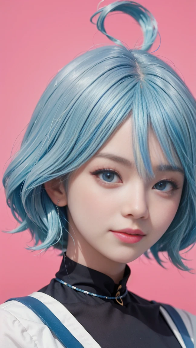 a close up of a person with blue hair and a white shirt, real life anime girls, Cute and natural anime face, Urzan, blue skin, beautiful blue-haired girl, Pretty girl with blue hair, blue eyes，Wear pink glasses（focus），bright smile，Realistic young anime girl, Anime Girls Cosplay, beautiful anime face, anime style, anime inspiration, cute anime face, beautiful anime face, beautiful anime style，Brilliant seven color background