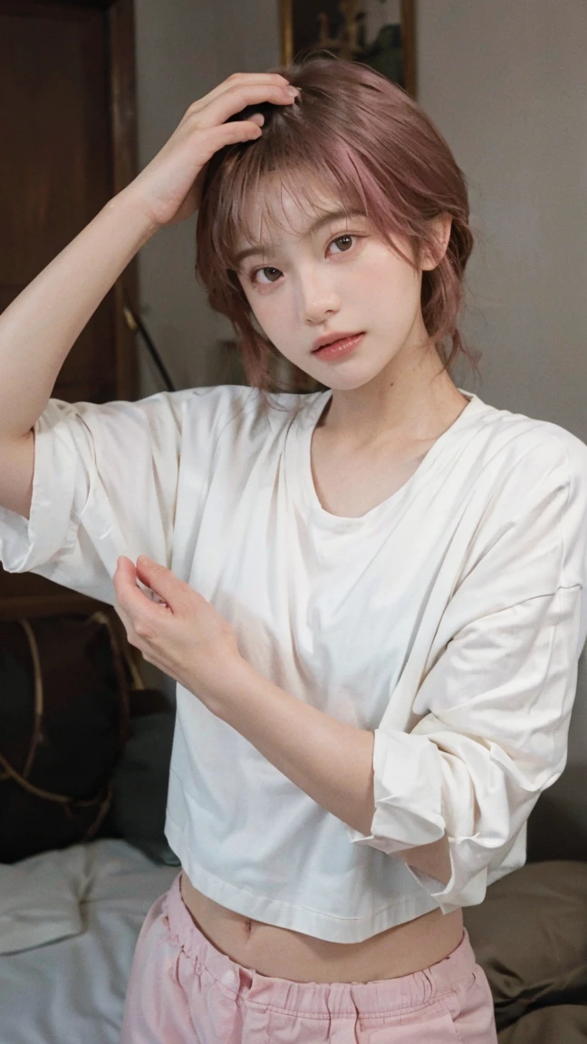 (8K, Highest quality, masterpiece: 1.4), Very detailedな, Highest quality, Ultra-high resolution, Ultra-Realistic Capture,(Very detailed,High definition 16K), Realistic eyes, Beautiful fine details, (Realistic Skin), Golden Ratio, Delicate eyes, cute, girl, short hair, Pink Hair, wood々in、In underwear