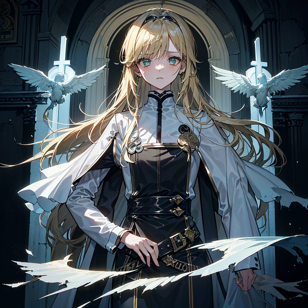 ((((Dramatic)))、(((grittiness)))、(((vehement))),Dressed in costume、He had a determined expression on his face.。Bright green eyes，Blonde hair,holy costume,((1 girl)),holy,