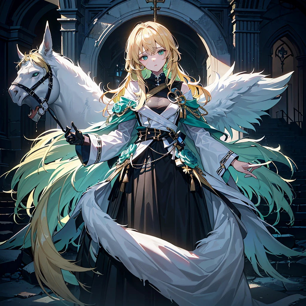 ((((Dramatic)))、(((grittiness)))、(((vehement))),Dressed in costume、He had a determined expression on his face.。Bright green eyes,Blonde hair,holy costume,((1 girl)),holy,