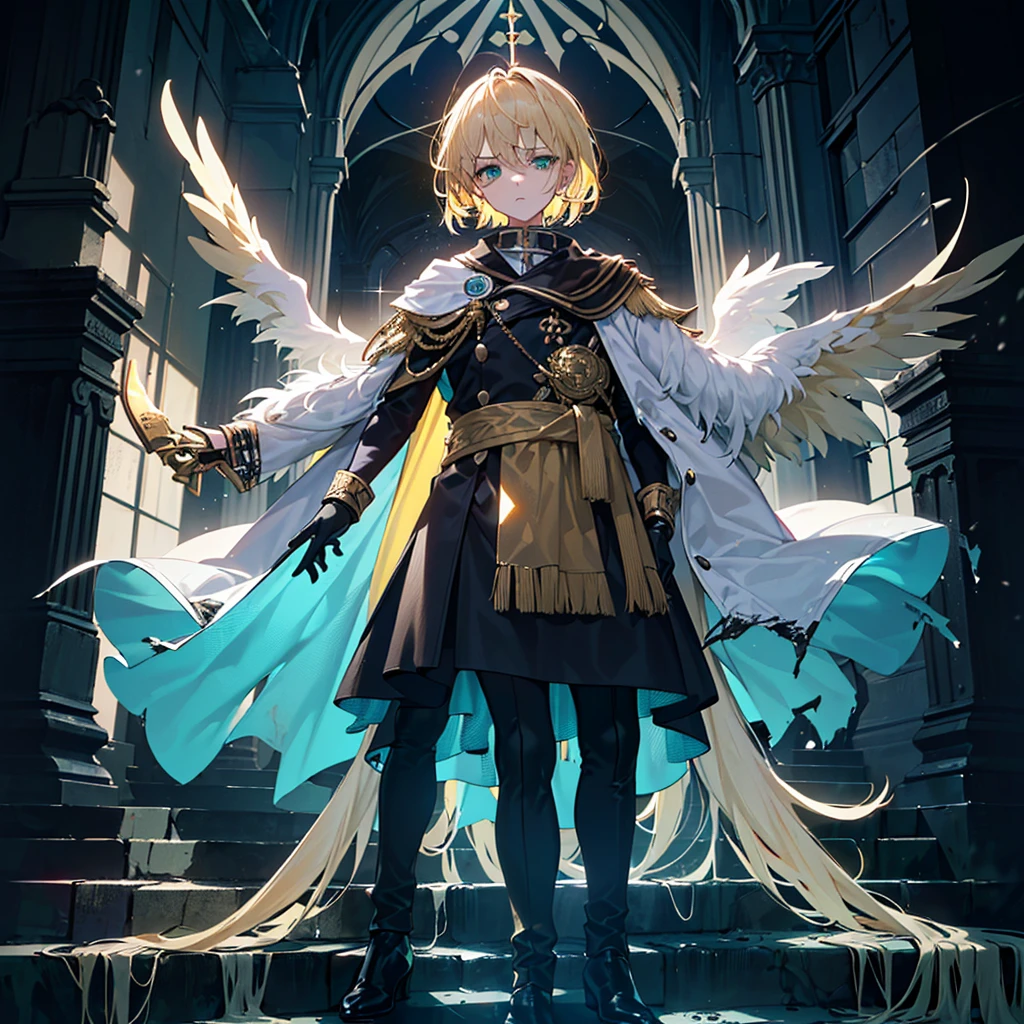 ((((Dramatic)))、(((grittiness)))、(((vehement))),Dressed in costume、He had a determined expression on his face.。Bright green eyes,Blonde hair,holy costume,((1 girl)),holy,