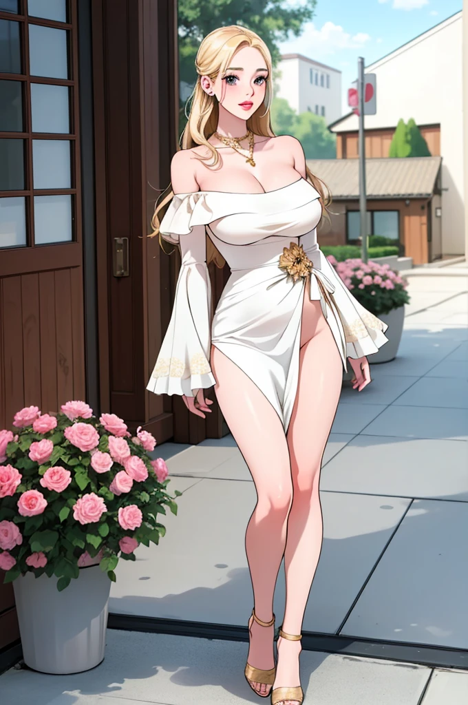 An extremely beautiful stunning woman with a perfect busty body, gold blonde long silky hair, big blue eyes, extremely super bright snow white fair stunning flawless glowing lush shiny flawless white skin, a perfect tight hourglass figure, and a skinny waist, sexy thick smooth luscious legs, and thighs, extremely cute smile on the face, bright pink blushes on cheeks, wearing a tight knee-length white floral dress, pink off-shoulder sweater, yellow heels, gold necklace on the neck, gold anklets on feet, gold chain on the waist, standing straight, holding a chocolate bar, garden in the background, show full body from head to feet.