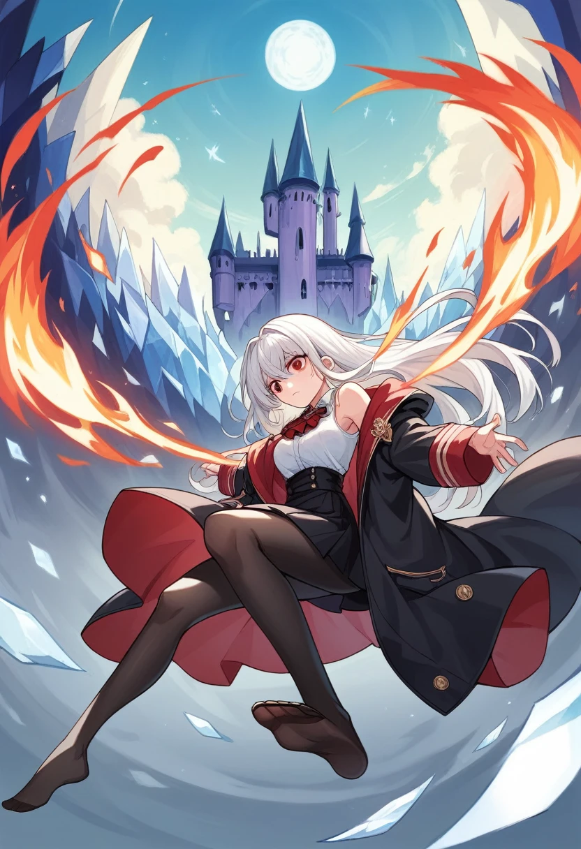 Kizi, long white hair loose, scarlet red eyes, white undershirt, black coat falling off the shoulders, Black Skirt, black transparent pantyhose, fire and ice power, night castle in the middle of the sea, 8K, high resolution, cinematic, realisitic.