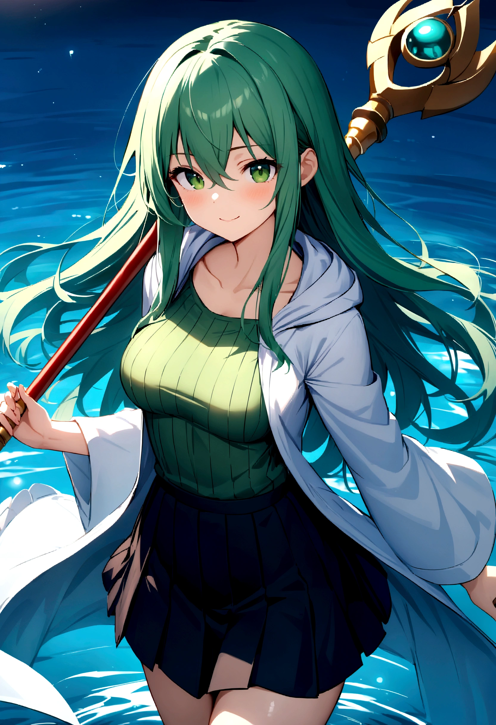 masterpiece, best quality, ultra high quality cg, eria ygo, 1girl, solo, long hair, looking at viewer, skirt, shirt, long sleeves, hair between eyes, medium breasts, closed mouth, collarbone, cowboy shot, pleated skirt, open clothes, hood, wide sleeves, black skirt, blue background, hood down, staff, robe, green shirt, smile, happy, playing on water, lake, duel monster, ribbed shirt, open robe, hooded robe