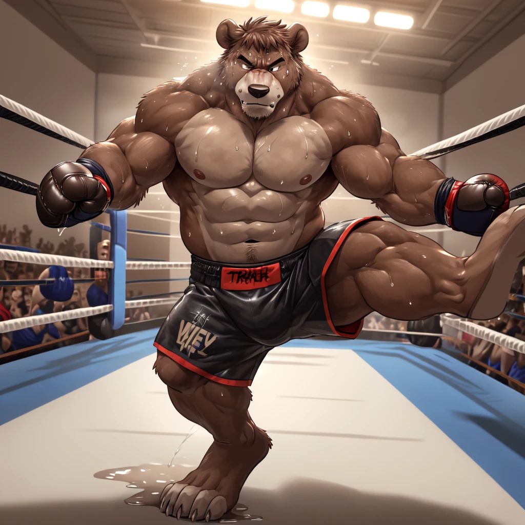 ((solo)), (anthro:1.2) bear (lora; little john), adult, (athletic:1.4), (dense muscles), (super strong:1.4), (correct anatomy:1.2), (broad shoulders:1.2), (heavy build, massive body:1.6), (realistic fur, detailed brown fur texture:1.3), kickboxing martial arts tournament background (corner of the kickboxing MMA ring:1.6), photorealistic, (black compression shorts), (bare torso:1.4), (foowear:1.2), (detailed clothing), hyperrealistic, ultradetailed, (by wfa:1.2), (by takemoto_arashi, by vorusuarts, by Traver009:1, by grimfaust:1), natural lighting, (wet. sweat:1.4), exhausted, ursine head (open eyes, brown mane), (steaming breath:1.2), ((serious:1.4) expression), (kicking:1.6), (view from right:1.4)