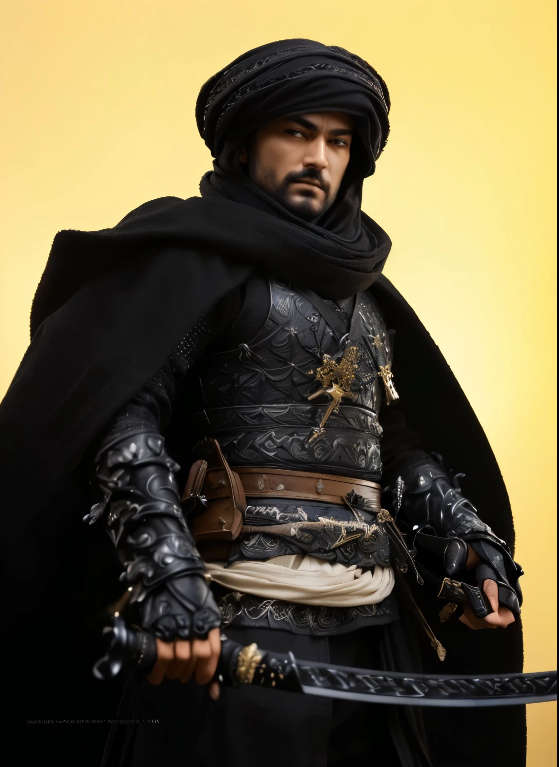 a close up of a man in a black outfit holding a sword, hot toys, photogenic details on armor, hottoys, arabian samurai, threea toys, detailed image, detailed picture, ( highly detailed figure ), cinematic detail, inspired by Rajmund Kanelba, very detailed and rich clothing, superb detail 8 k masterpiece, full body close-up shot