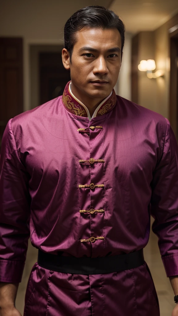 a man, duke, magenta Chinese clothes, close-up, half-body, bold