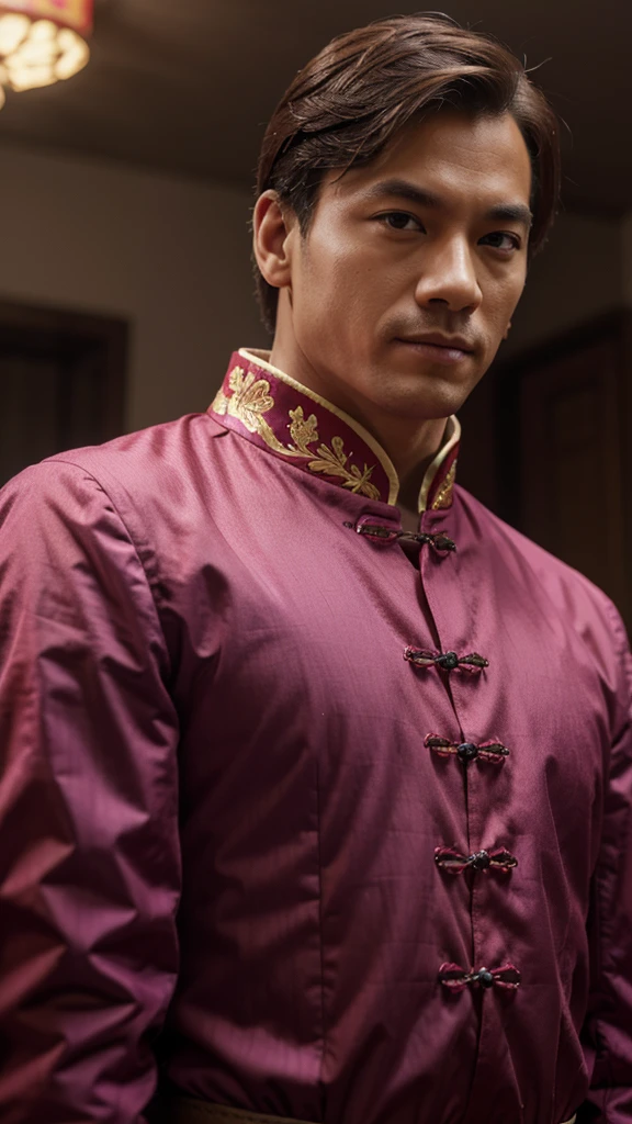 a man, duke, magenta Chinese clothes, close-up, half-body, bold
