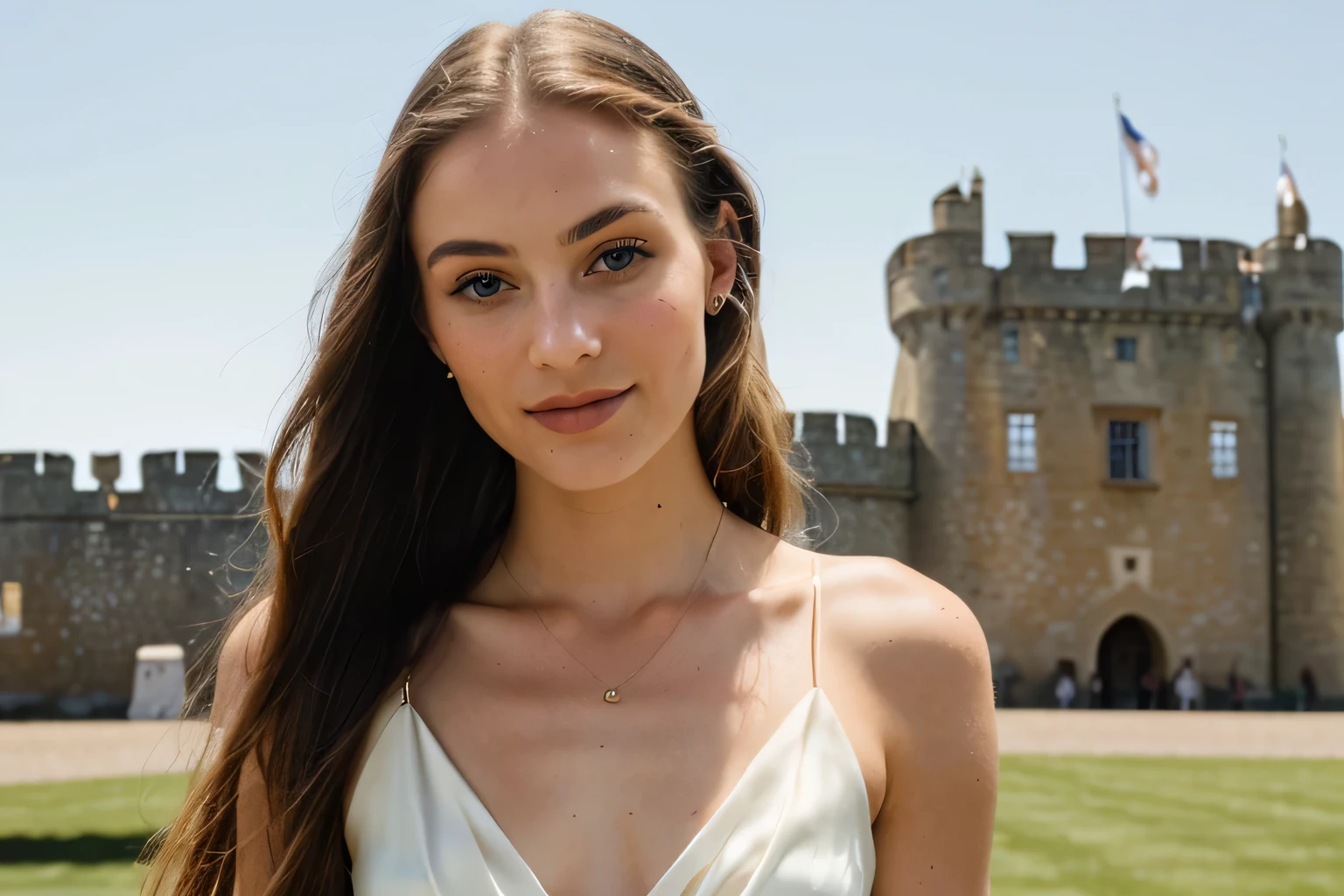 a sharp focus photo of a beautiful sexy young woman, very long braided hair, blond hair , perfect body, detailed skin texture, (slim), (highly detailed empire style see-through white silk dress), (perfect face, perfect eyes), (inside of her kingdom background, inside of great castle environment:1.5)