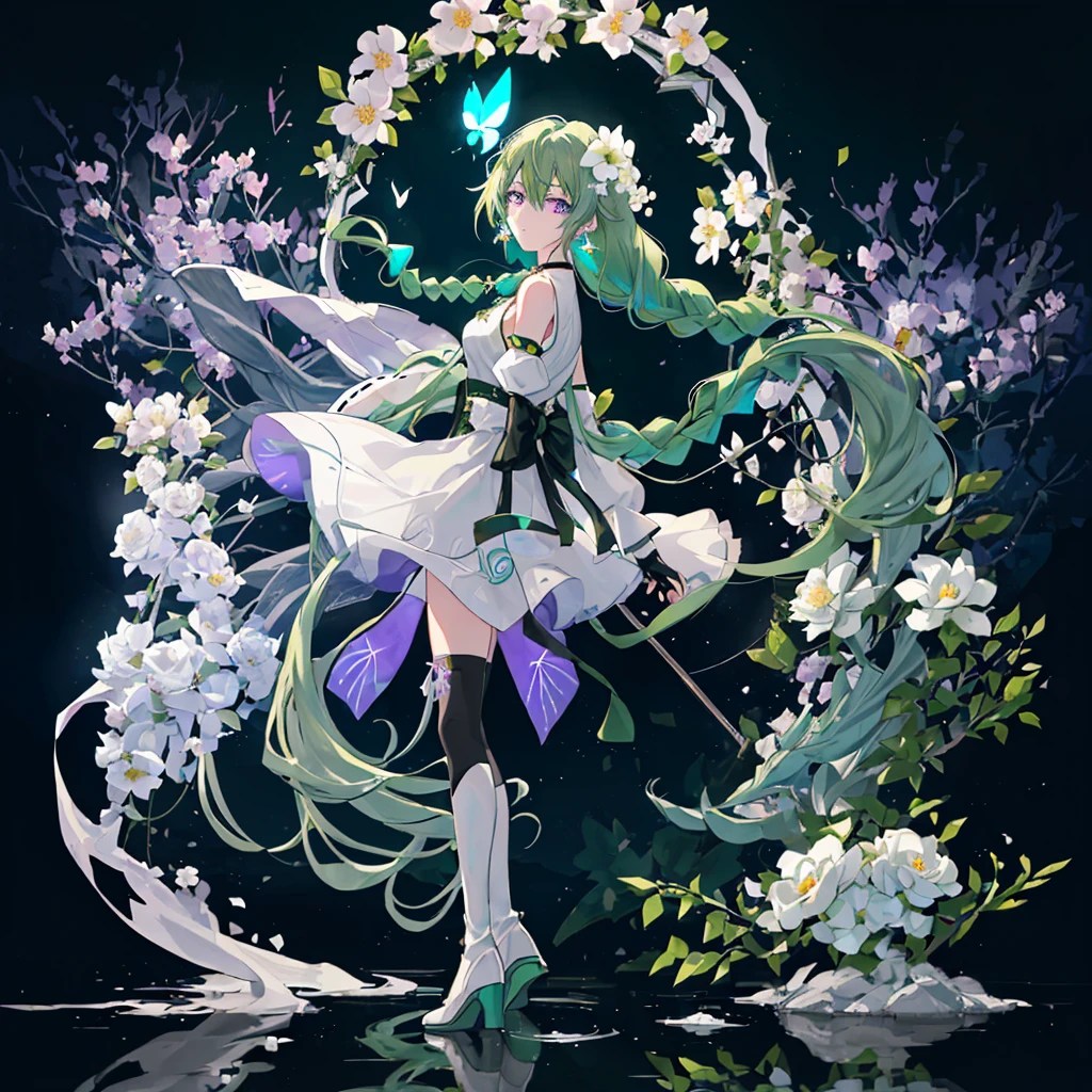 girl with green hair in a white dress dual wielding two blades, league of legends, 1girl, solo, long hair, breasts, bangs, hair ornament, thighhighs, gloves, dress, bow, holding, bare shoulders, ponytail, weapon, flower, multicolored hair, detached sleeves, green hair, elbow gloves, from behind, holding weapon, white dress, petals, back, gem, strapless dress, dual wielding,
(best quality, masterpiece, extremely detailed:1.2)