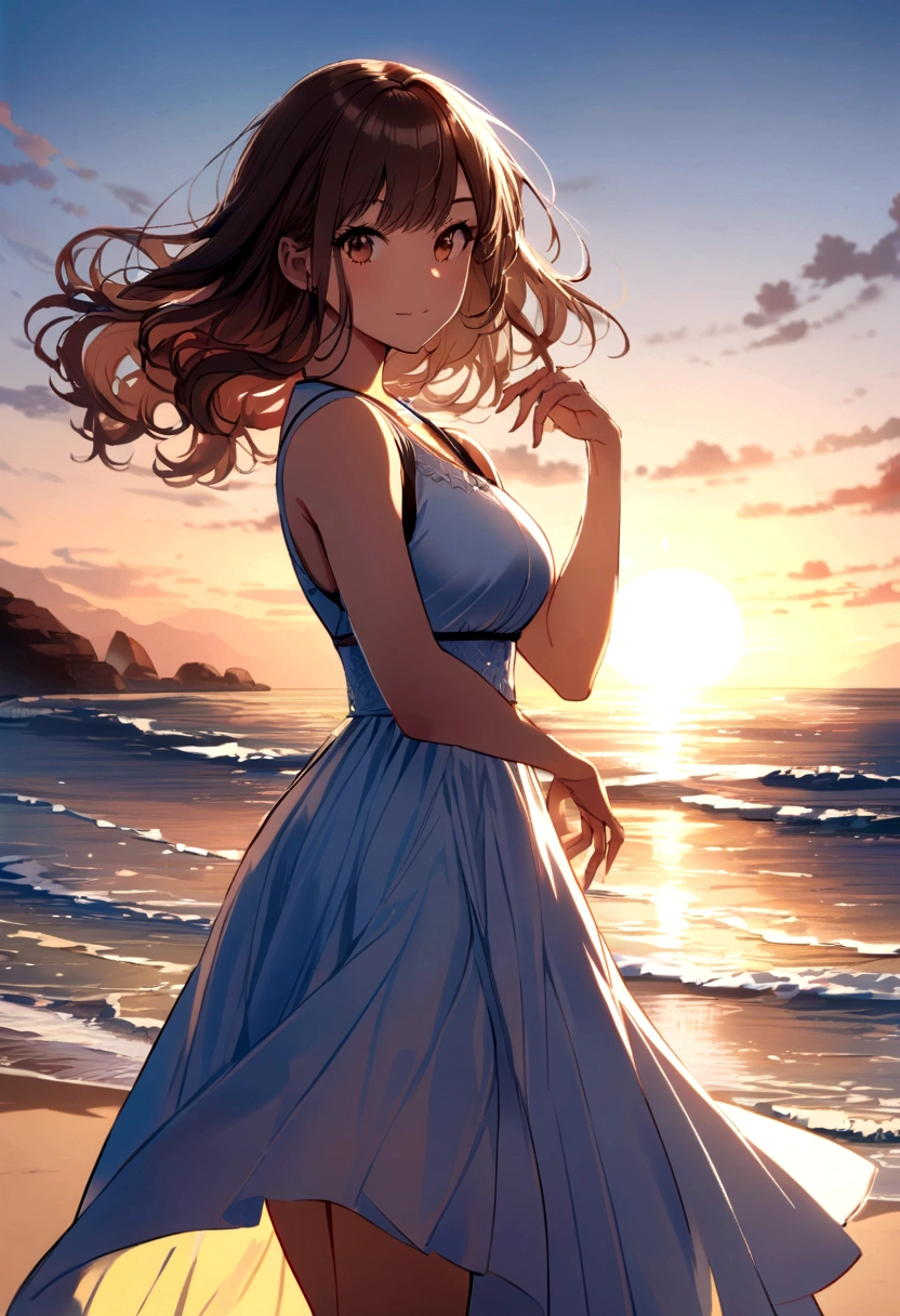 Attractive woman near a beach, brown hair, attractive pose, sun behind, attractive view, medium shot