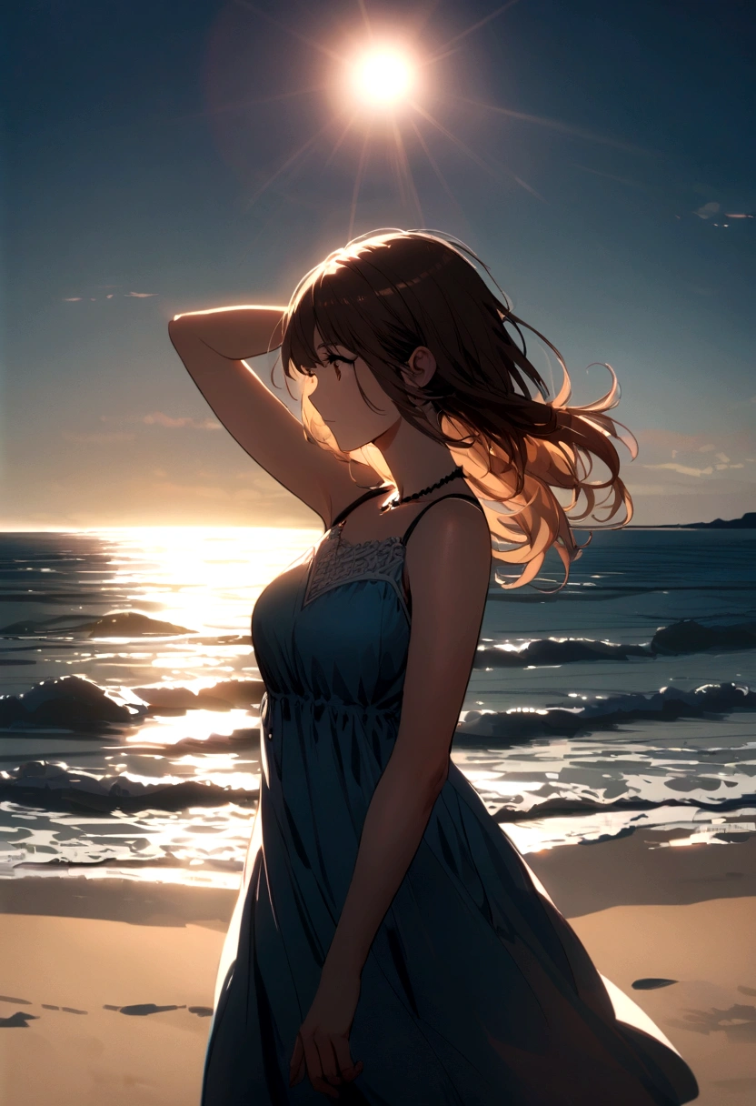 Attractive woman near a beach, brown hair, attractive pose, sun behind, attractive view, medium shot