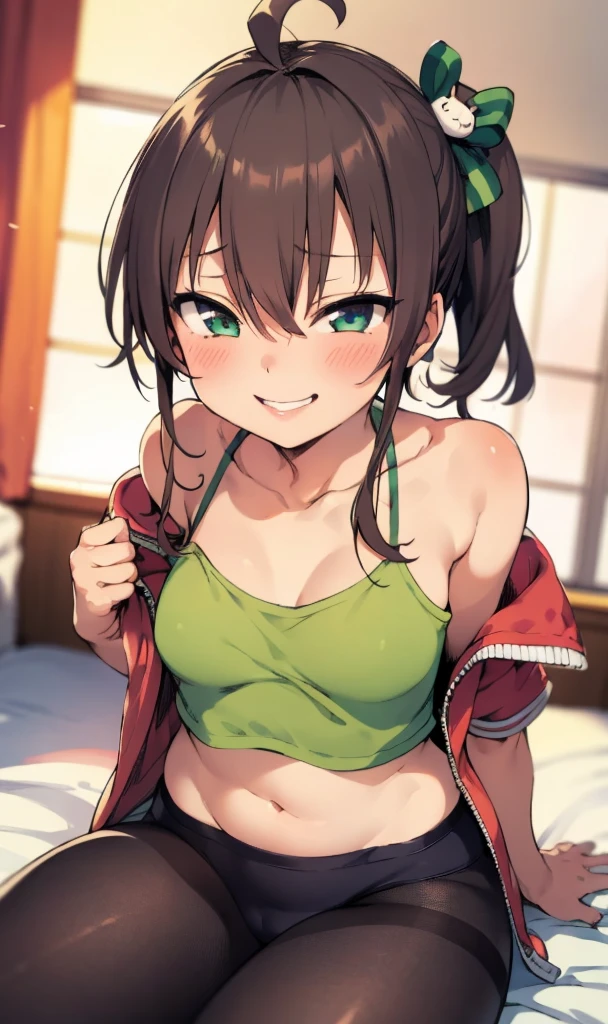 1girl, solo, detailed face,natsuiro matsuri,my room,smile,ahoge, bangs, bare shoulders, black pantyhose, black ribbon, blush, camisole, cat hair ornament, clothes lift, collarbone, crop top, cropped jacket, , green eyes, green ribbon, hair between eyes, hair ornament,,looking viewer