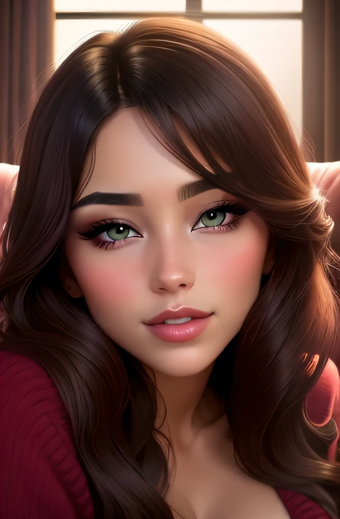 Amazing portrait of a sexy woman with a beautiful face and perfect hair wearing amazing makeup and seductively gazing and blushing intensely being ready to kiss wearing a long oversized sweater as she's sitting comfortably on couch near a window with natural light beaming through window showcasing her beautiful face as she's seductively gazing at us very seductively