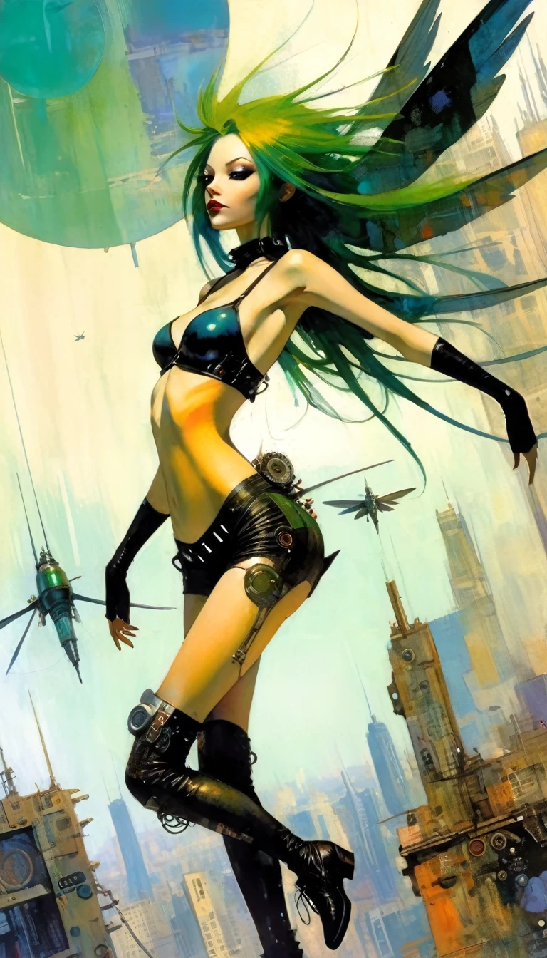 girl in the air, flying girl, very sexy girl, long green hair, punk look, with mechanical wings, flies over a futuristic city:1.5 (art inspired by Bill Sienkiewicz). oil painting)