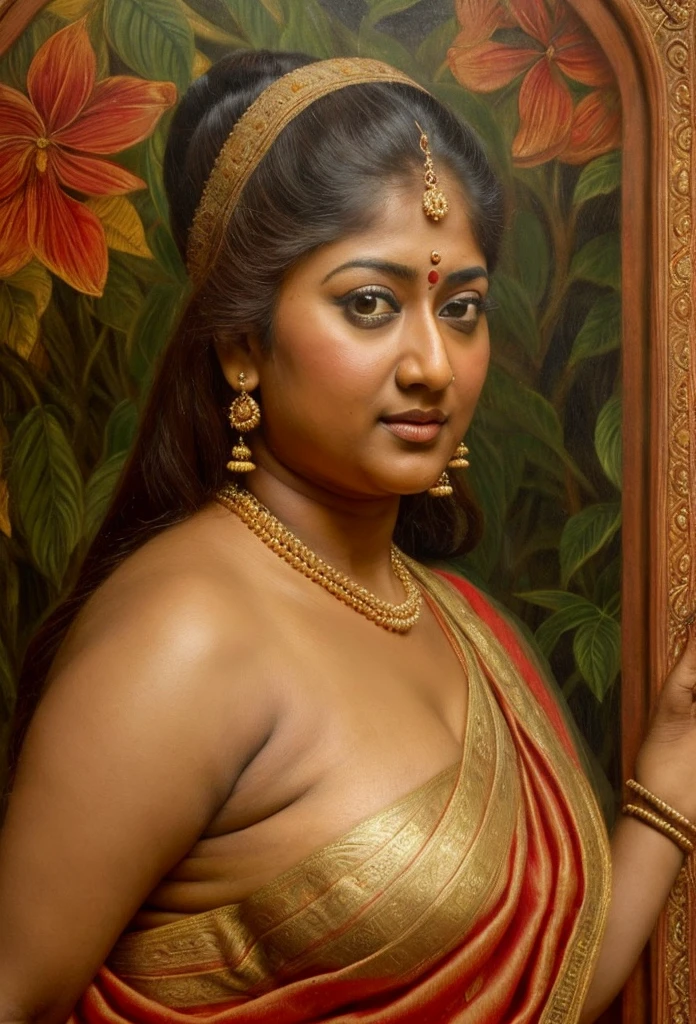 Looks like Nayanthara, exotic Indian art, inspired by oviyar maruthi style painting, inspired by mohanan manimala, Full figured beautiful woman, Apsara, Masterpiece, Beautiful Thick Woman, Best quality, high clarity eyes, critically flawless,sharp picture, Full portrait, High pixels, perfect face, perfect eyes, beautiful face, perfect hands,perfect fingers, in Peter Paul Rubens style, by Peter Paul Rubens, baroque style, acrylic on canvas, highly detailed, description: "Create a nymph inspired by the tales of Greek or Roman mythology, embodying the essence of a natural element or location, and possessing a unique ability or trait that sets her apart."