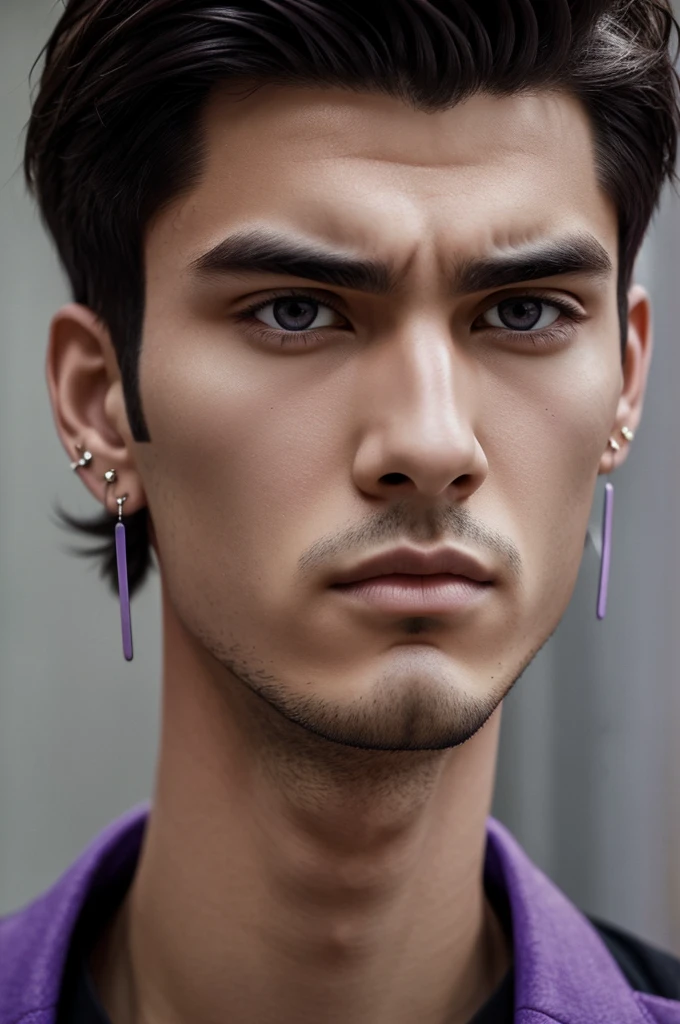 Lookism style, young man, sharp and lazy hunter eyez, purple eye, messy dark hairs, earrings,