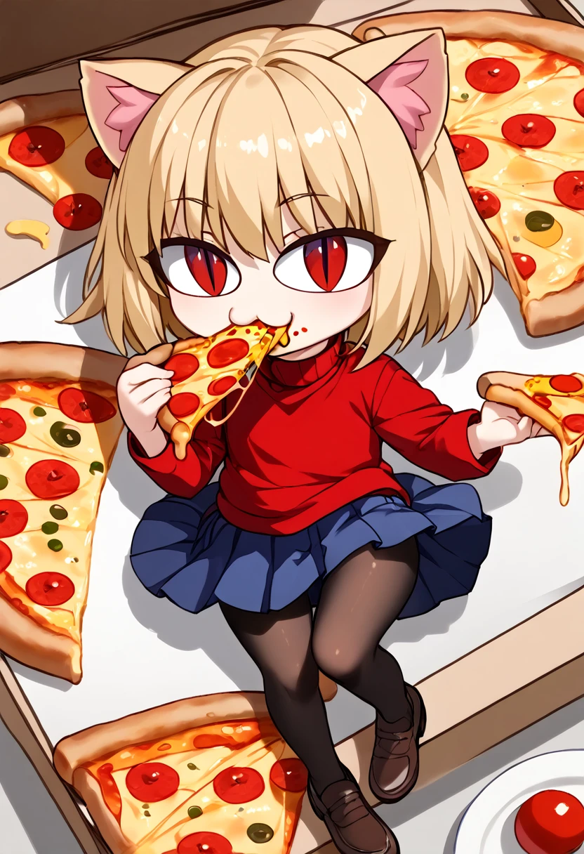 necoarc, slit pupils, cat ears, blonde hair, red eyes, chibi, :3, turtleneck, blue skirt, pleated skirt, pantyhose, brown footwear, (((eating a slice of pizza)))