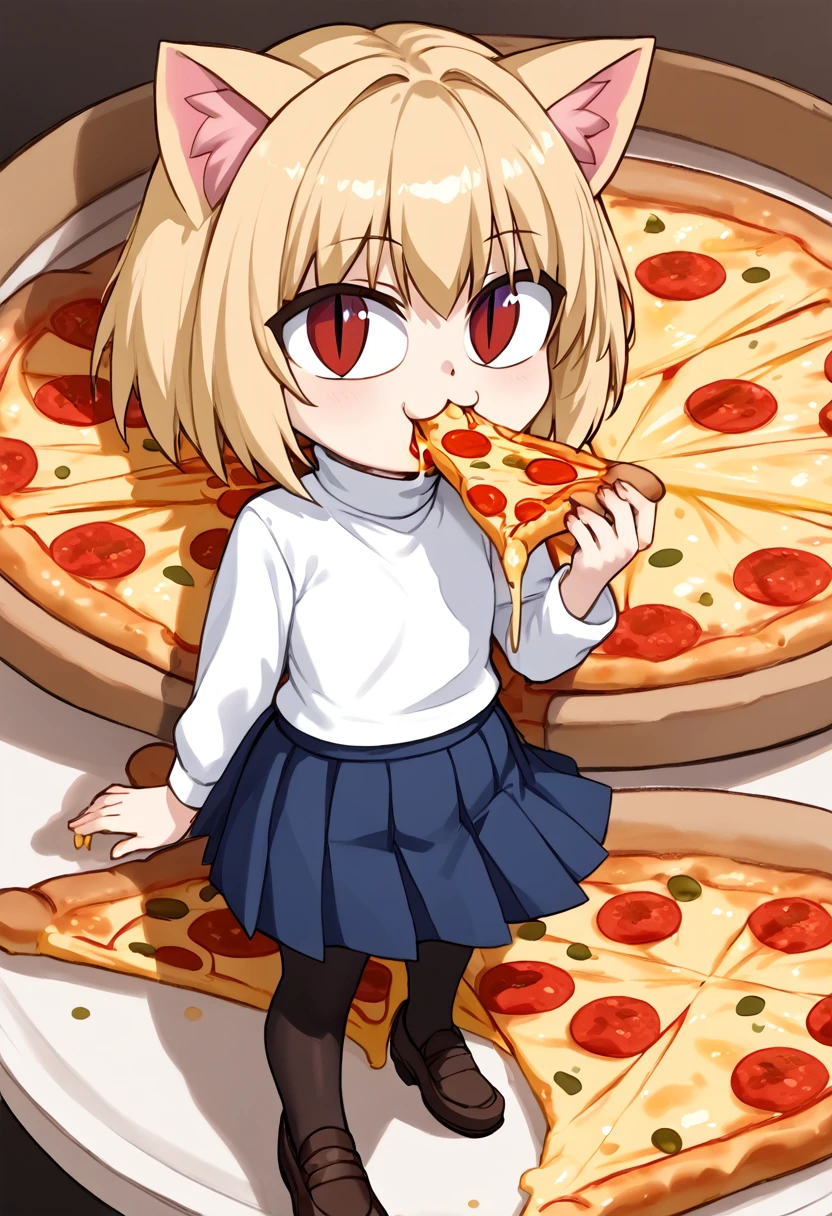 necoarc, slit pupils, cat ears, blonde hair, red eyes, chibi, :3, turtleneck, blue skirt, pleated skirt, pantyhose, brown footwear, (((eating a slice of pizza)))