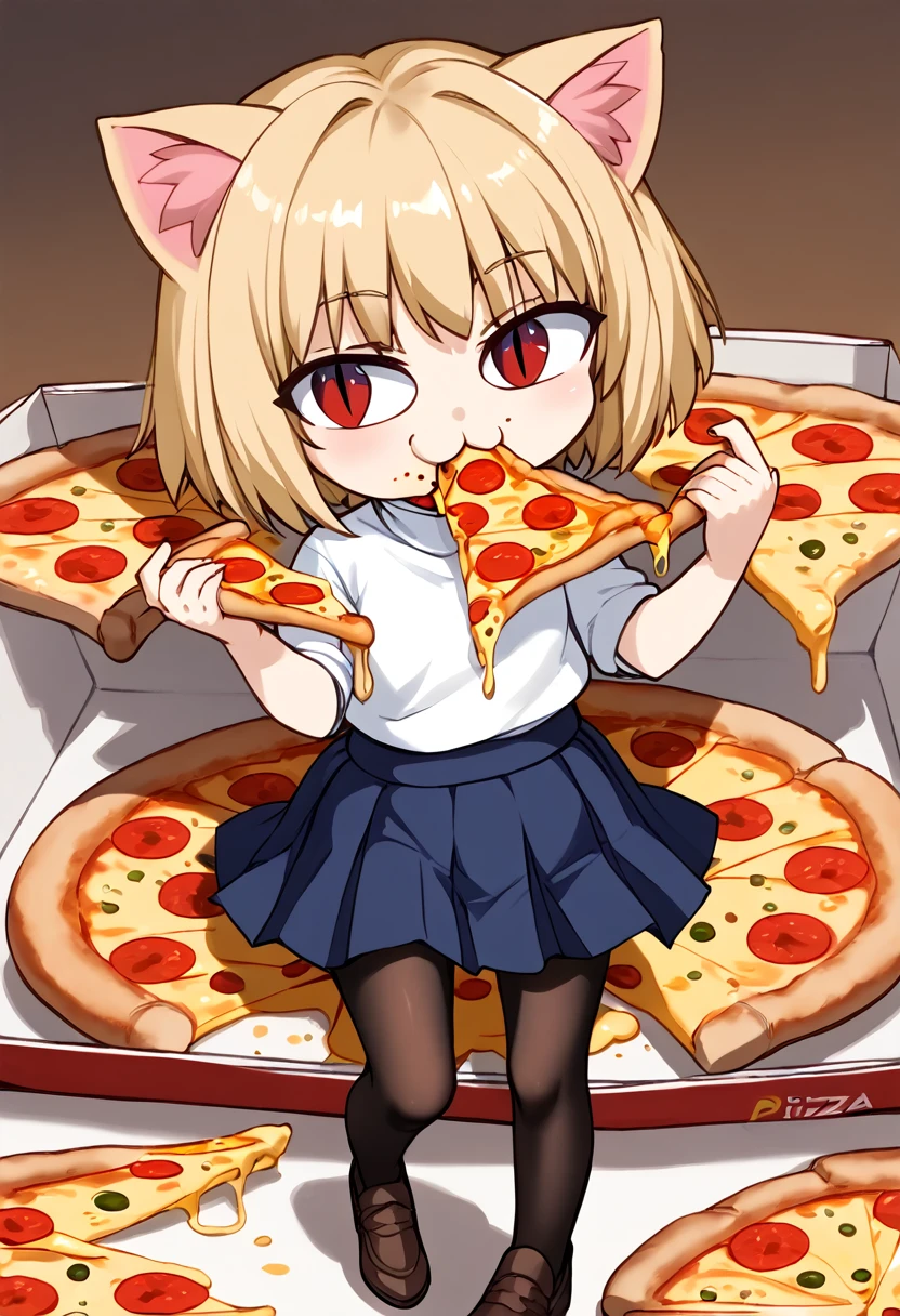 necoarc, slit pupils, cat ears, blonde hair, red eyes, chibi, :3, turtleneck, blue skirt, pleated skirt, pantyhose, brown footwear, (((eating a slice of pizza)))