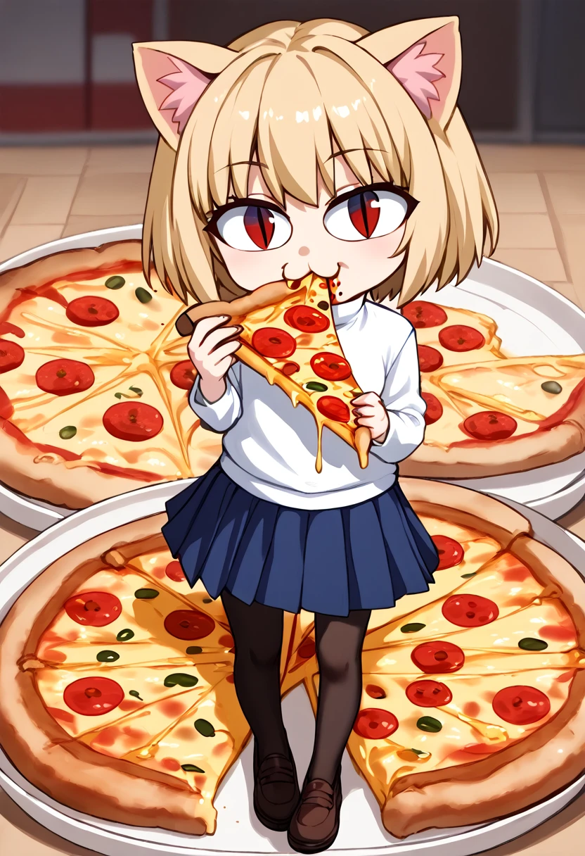 necoarc, slit pupils, cat ears, blonde hair, red eyes, chibi, :3, turtleneck, blue skirt, pleated skirt, pantyhose, brown footwear, (((eating a slice of pizza)))