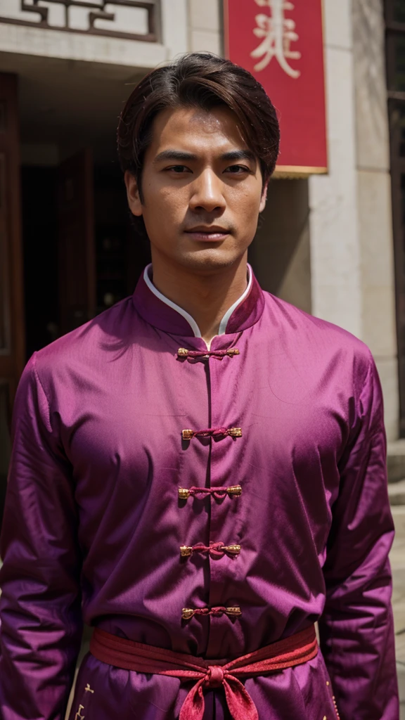 a man, duke, magenta Chinese clothes, close-up, half-body, (((bold)))
